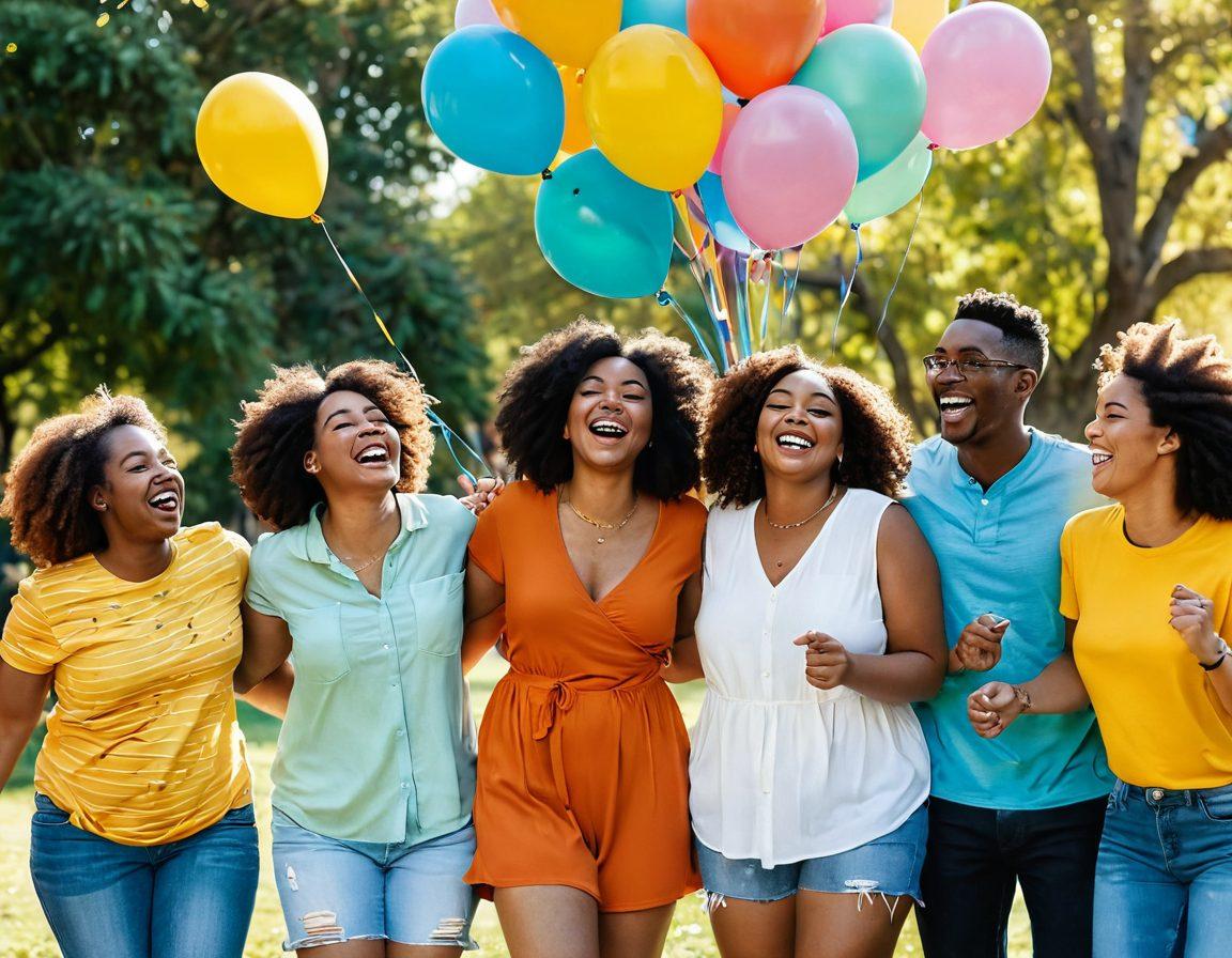 A heartwarming scene depicting a diverse group of friends laughing together, showcasing body positivity in various shapes and sizes. Incorporate vibrant colors and playful elements like balloons and confetti to symbolize humor and joy. The background features a sunny park setting to enhance the uplifting atmosphere. Emphasize expressions of happiness and connection among individuals. super-realistic. vibrant colors. outdoor setting.