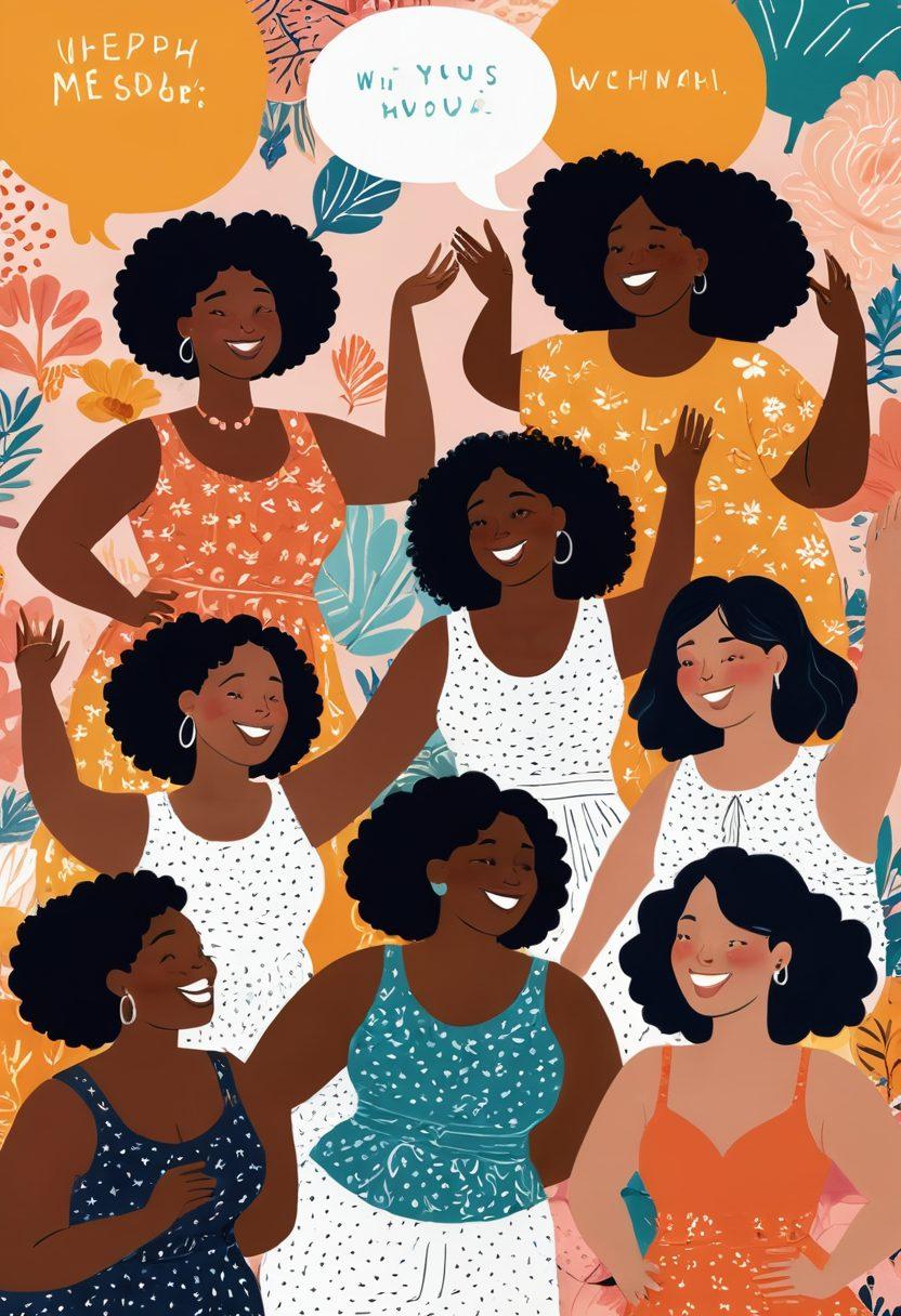 A whimsical illustration of diverse women celebrating their unique bodies, surrounded by soft floral patterns and playful humor elements like cartoonish speech bubbles expressing body positivity. Include a cozy intimate setting with warm lighting and laughter, showcasing friendship and empowerment. The scene should be uplifting and colorful, radiating joy and self-acceptance. vibrant colors. illustration.